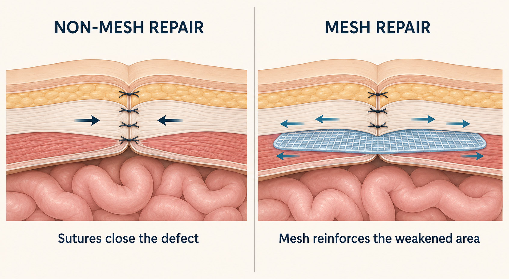 Side-by-side cross-sectional diagram comparing suture-based non-mesh hernia repair with mesh reinforcement of the abdominal wall