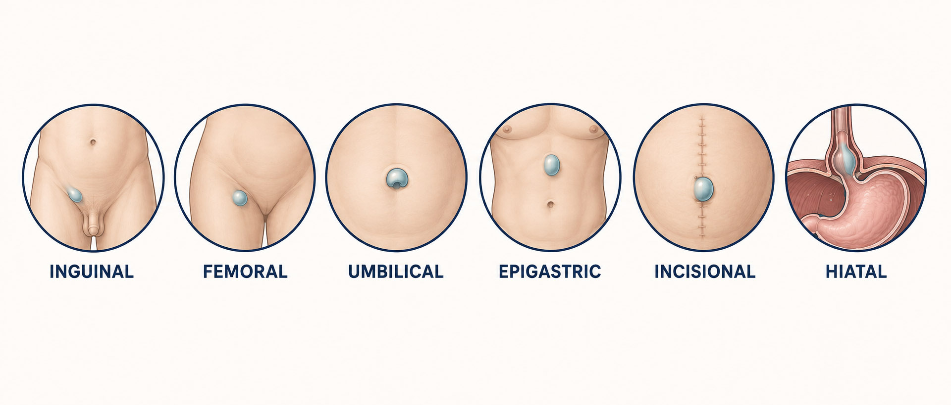Illustrations showing the different types of hernias