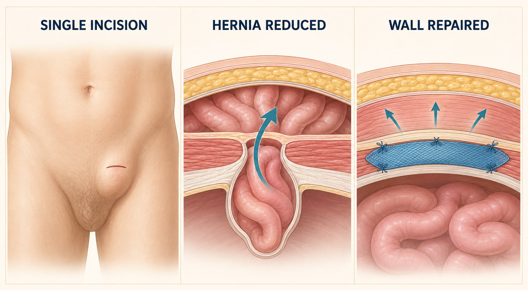 Medical diagram showing an incision over an inguinal hernia, reduction of the protruding tissue and mesh reinforcement during open hernia repair