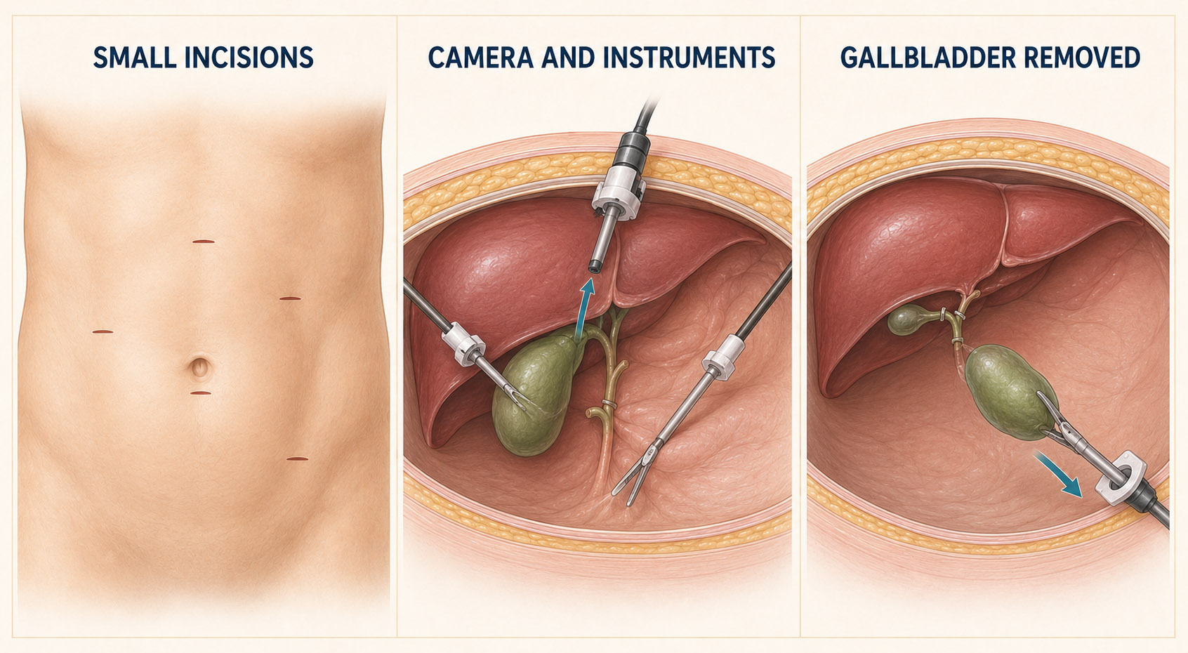 Illustration showing small abdominal incisions, laparoscopic instruments and removal of the gallbladder during keyhole surgery