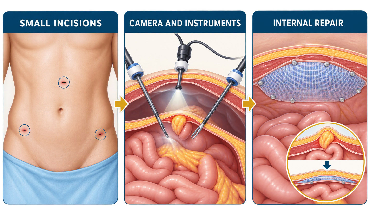 Medical diagram showing small abdominal incisions, laparoscopic camera and instrument access, and internal mesh placement during hernia repair